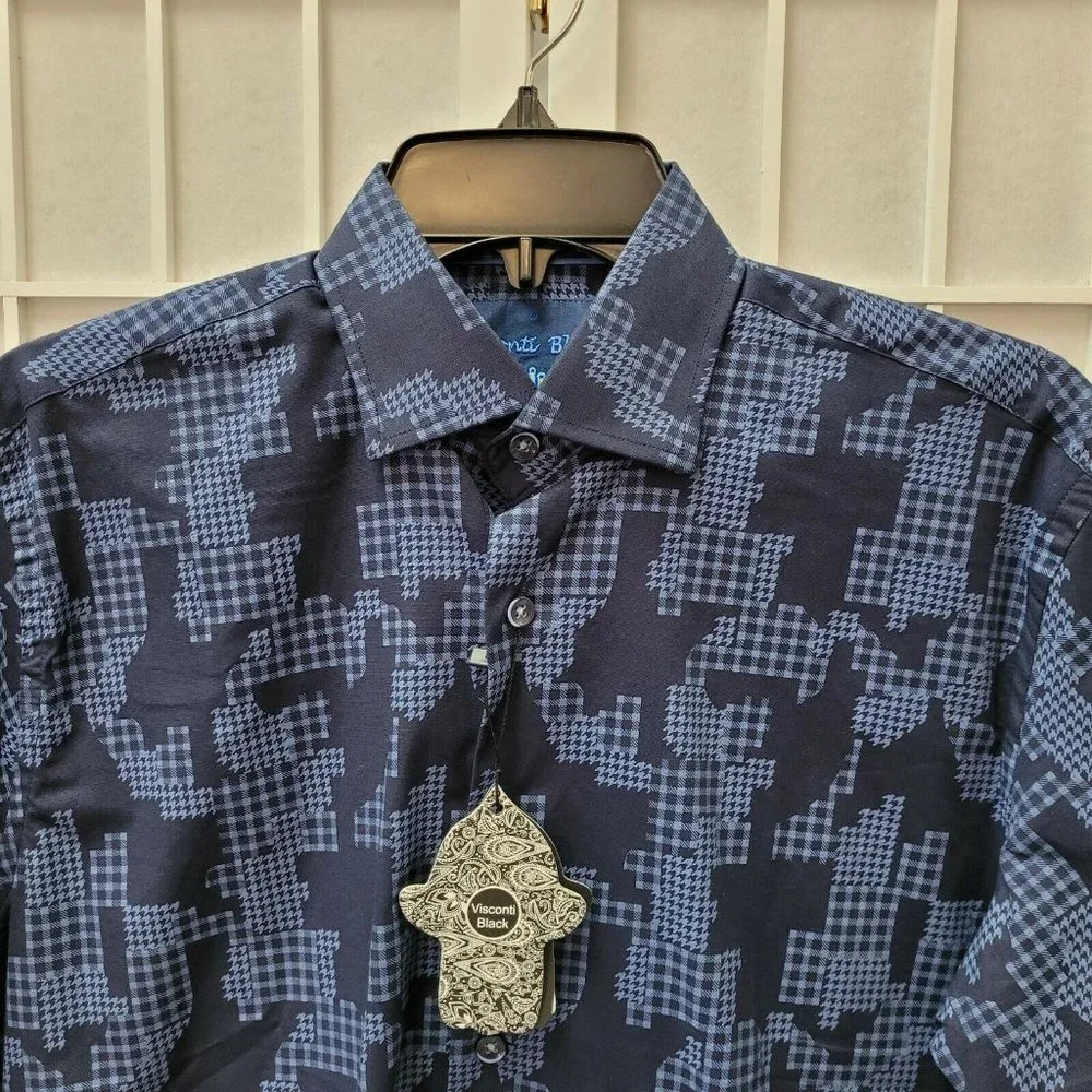 Visconti Black Shirt Men's Sz Small Navy Blue Houndstooth Camouflage Shapes NWT - Picture 2 of 11